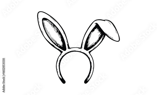 Black and white sketch of bunny ears headband with simple lines and details. Vector retro hand drawn illustration.