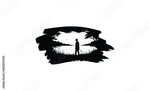 Silhouette of person at tranquil lakeside with trees and birds in black and white. Vector retro hand drawn illustration.
