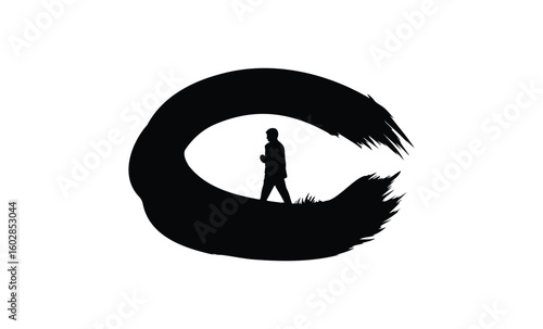 Silhouette of man walking inside zen circle brushstroke on white background. Vector retro hand drawn illustration.