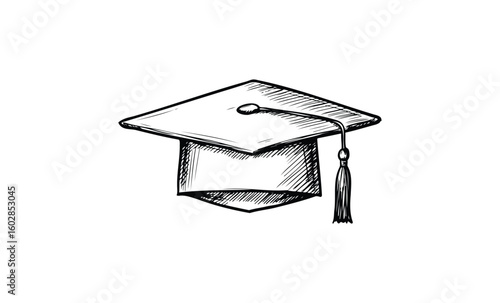Hand-drawn graduation cap sketch with tassel icon in black and white. Vector retro hand drawn illustration.