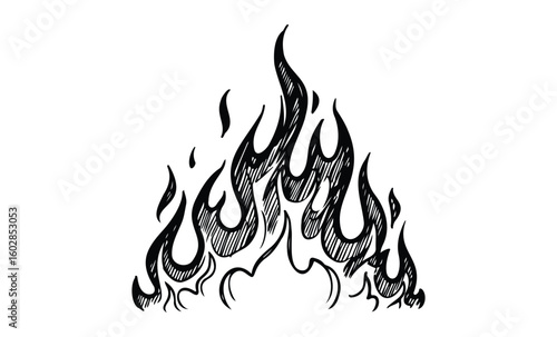 Stylized hand-drawn black flame illustration with graphic patterns. Vector retro hand drawn illustration.