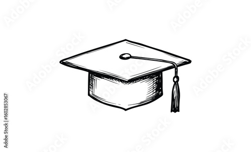 Sketch of a graduation cap with tassel in black and white. Vector retro hand drawn illustration.