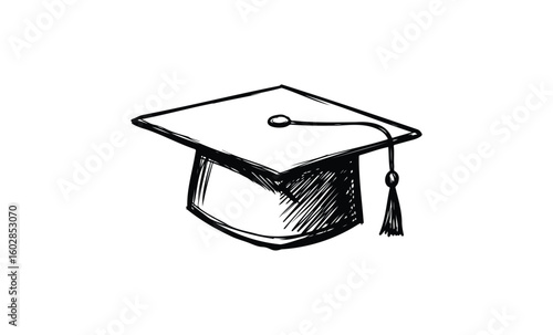 Illustration of a black graduation cap with tassel. Vector retro hand drawn illustration.