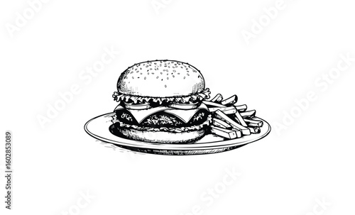 Black and white cheeseburger with fries sketch on plate. Vector retro hand drawn illustration.