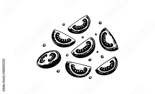 Black and white tomato slices sketch on white background. Vector retro hand drawn illustration.