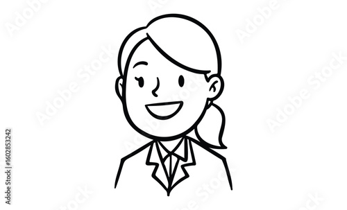 Smiling cartoon female character in business attire with minimalist line art. Vector retro hand drawn illustration.