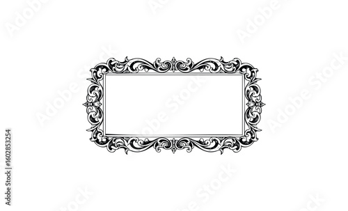 Elegant black ornate vintage rectangular frame with intricate floral design. Vector retro hand drawn illustration.