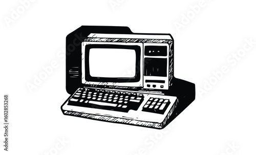 Vintage black and white retro computer illustration with keyboard and monitor. Vector retro hand drawn illustration.