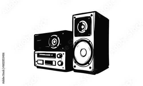 Vintage audio equipment illustration: retro speaker and stereo system. Vector retro hand drawn illustration.