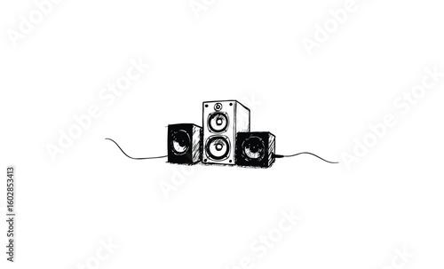 Black and white sketch of audio speaker system with subwoofer and satellite speakers. Vector retro hand drawn illustration.