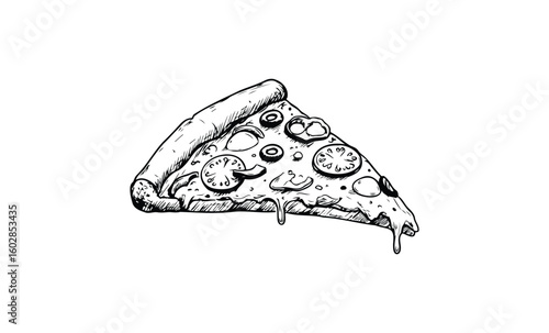 Sketch of a delicious pizza slice with cheese and toppings in black and white illustration style. Vector retro hand drawn illustration.