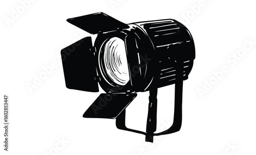 Black and white spotlight illustration with barn doors. Vector retro hand drawn illustration.