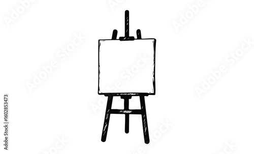 Blank canvas on easel sketch in black and white for artistic inspiration and creativity concepts. Vector retro hand drawn illustration.