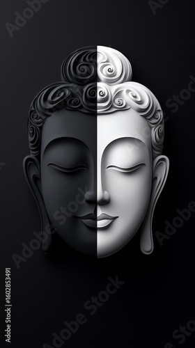 White Buddha's face with half of the head in black and white