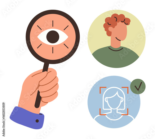 Hand holds magnifying glass with an eye, two user profile avatars, facial recognition frame, and approval mark. Ideal for security, technology, identity, research, user experience verification