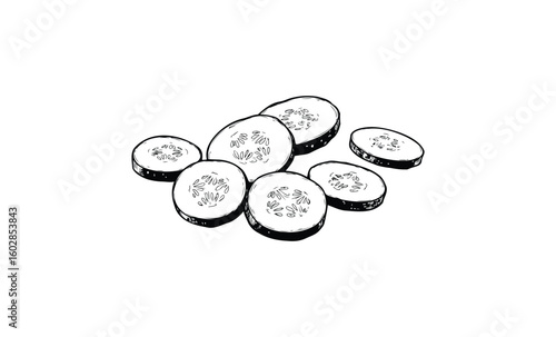 Black and white sketch of sliced cucumber pieces with detailed seeds on white background. Vector retro hand drawn illustration.