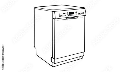 Minimalist line drawing of modern dishwasher with digital control panel. Vector retro hand drawn illustration.