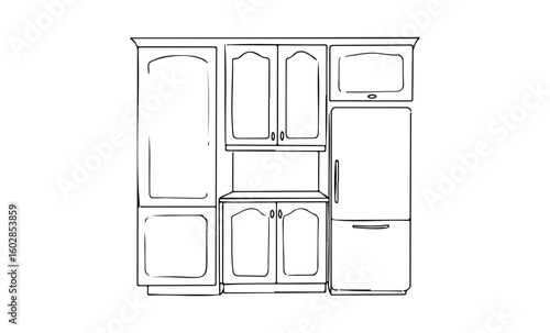 Hand-drawn kitchen cabinet and fridge design with classic style details. Vector retro hand drawn illustration.