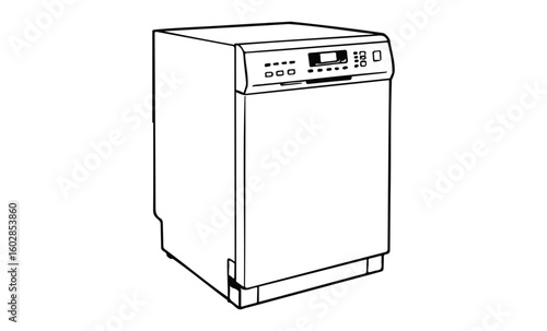 Minimalist black and white digital dishwasher illustration with control panel. Vector retro hand drawn illustration.