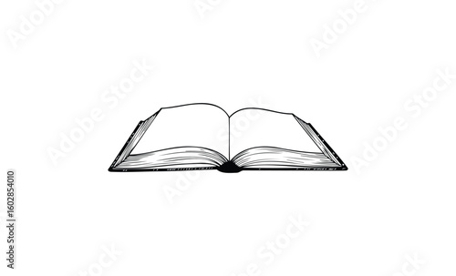 Illustration of an open book with detailed pages in black ink line drawing. Vector retro hand drawn illustration.