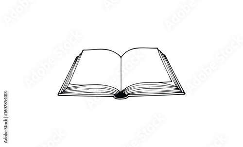 Open book line art illustration with blank pages and detailed cover design. Vector retro hand drawn illustration.