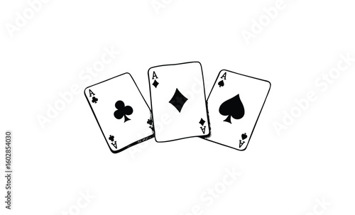 Three playing cards: aces of clubs, diamonds, spades on white background. Vector retro hand drawn illustration.