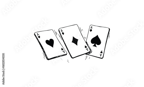 Three ace playing cards: heart, diamond, spade suits in motion. Vector retro hand drawn illustration.