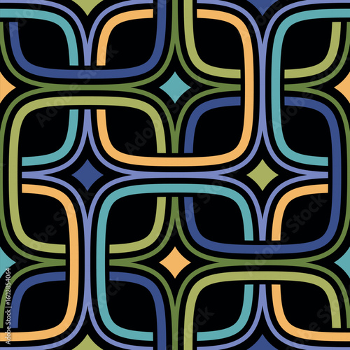 Seamless geometric pattern with a multicolored grid of intersecting square rings on a black background. Retro style. Abstract vector illustration for textile, fabric, wallpaper, and wrapping.