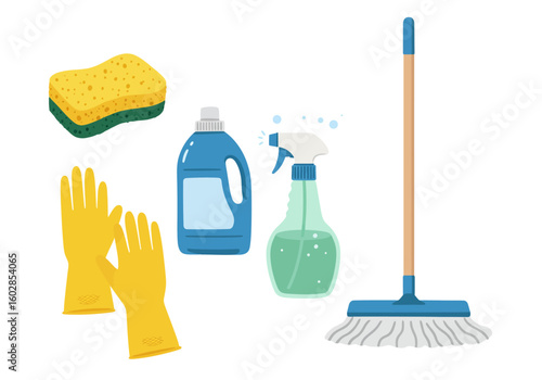 Cleaning Supplies: Yellow Gloves, Sponge, Detergent Bottle, Spray Bottle, and Mop