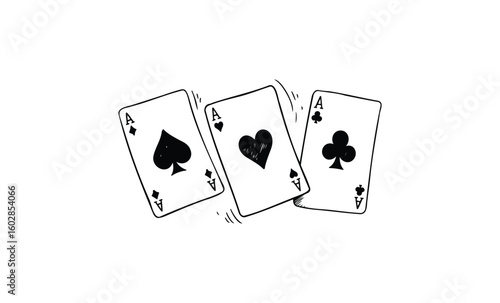 Black and white illustrations of three ace playing cards. Vector retro hand drawn illustration.