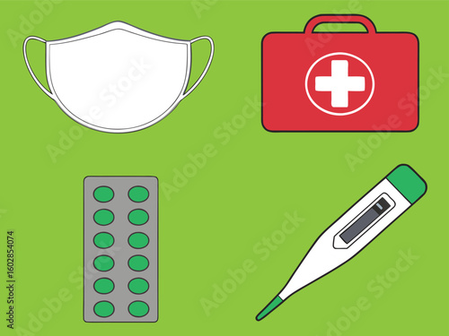 Essential healthcare kit including face mask, thermometer, pills, and first-aid box