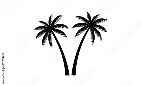 Silhouetted tropical palm trees against white background. Vector retro hand drawn illustration.