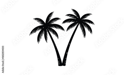 Silhouette of two palm trees isolated on white background. Vector retro hand drawn illustration.