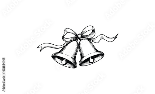 Vintage illustration of christmas bells with ribbon bow in black and white. Vector retro hand drawn illustration.