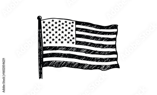 Hand-drawn black and white american flag with stars and stripes. Vector retro hand drawn illustration.