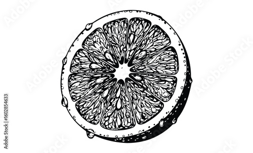 Line art of citrus fruit slice with intricate detail and water droplets. Vector retro hand drawn illustration.