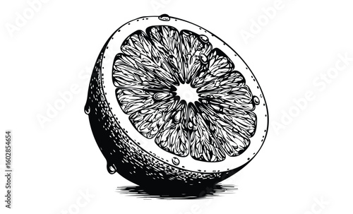 Black and white citrus fruit illustration with intricate detailing. Vector retro hand drawn illustration.