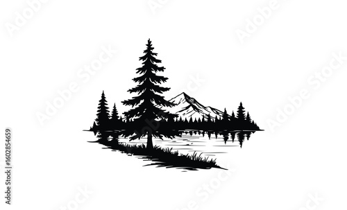 Mountain landscape silhouette with pine trees and reflection. Vector retro hand drawn illustration.