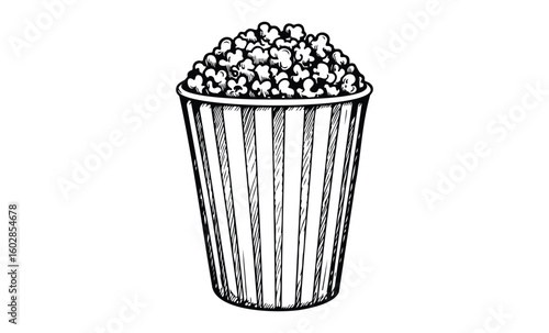 Hand-drawn sketch of popcorn in a striped bucket on white background. Vector retro hand drawn illustration.