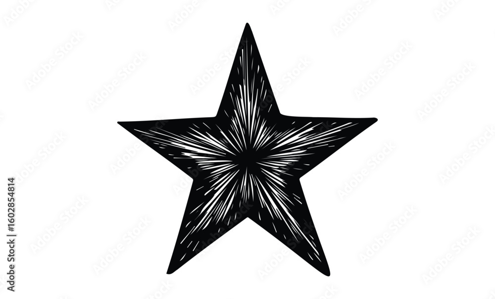 Obraz premium Intricate black star illustration with radiating lines on white background. Vector retro hand drawn illustration.