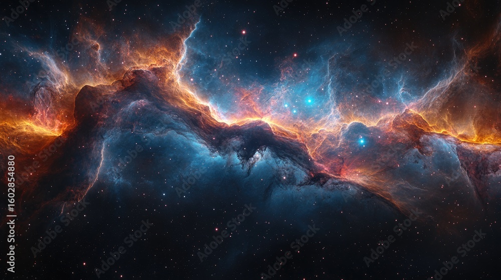 Fototapeta premium A vibrant outer space scene with glowing blue and magenta gases, swirling light patterns, and distant stars