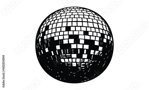 Geometric black and white spherical grid design with reflective pattern. Vector retro hand drawn illustration.
