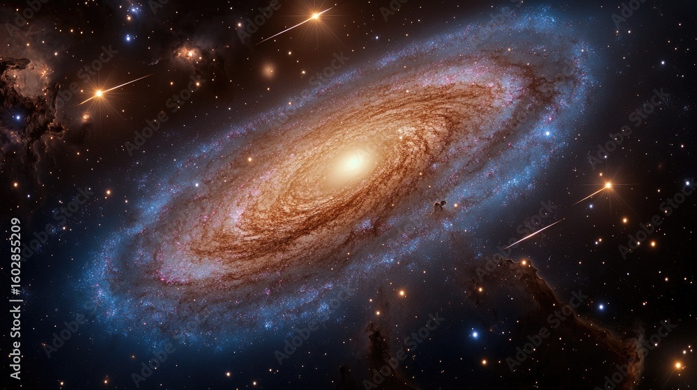 Fototapeta premium Cosmic scene featuring a distant galaxy spiral with shooting stars and glowing stardust in a tranquil void