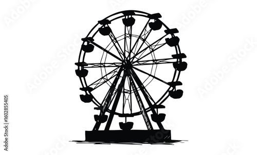 Black and white ferris wheel sketch on white background. Vector retro hand drawn illustration.