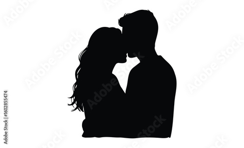 Silhouette of couple embracing in romantic pose, male and female, young adults. Vector retro hand drawn illustration.