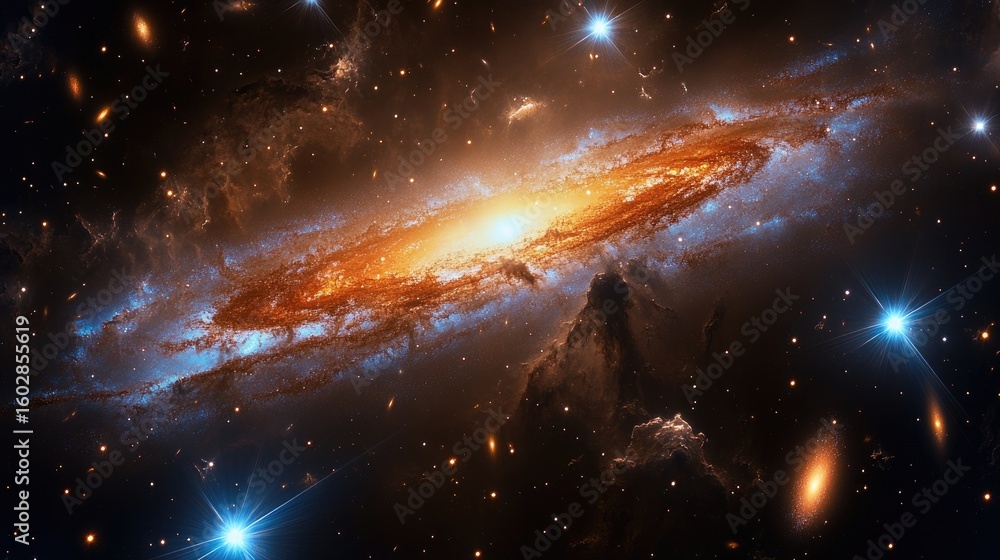 Obraz premium Stars and galaxies layered over a dark space canvas with vibrant gas trails, celestial bursts, and light rays