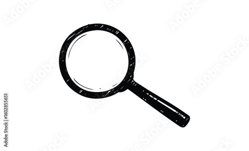 Black and white sketch of a magnifying glass on white background. Vector retro hand drawn illustration.