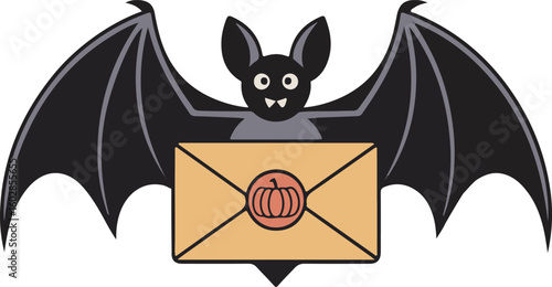 Halloween Bat Delivering Pumpkin Message Invitation Card with Envelope Vector Illustration