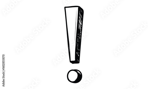 Black and white exclamation mark drawing on white background. Vector retro hand drawn illustration.