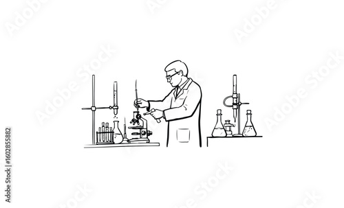 Caucasian male scientist conducting experiment in laboratory with equipment setup. Vector retro hand drawn illustration.